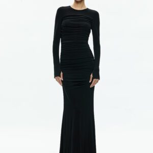 alice + olivia KATHERINA CREW NECK LONG SLEEVE RUCHED MAXI DRESS