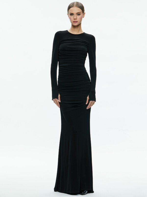 alice + olivia KATHERINA CREW NECK LONG SLEEVE RUCHED MAXI DRESS