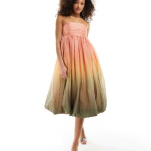 & Other Stories strapless midaxi dress with bubble hem in soft peach and sage ombre print-Multi