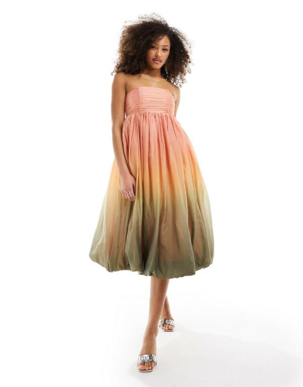 & Other Stories strapless midaxi dress with bubble hem in soft peach and sage ombre print-Multi