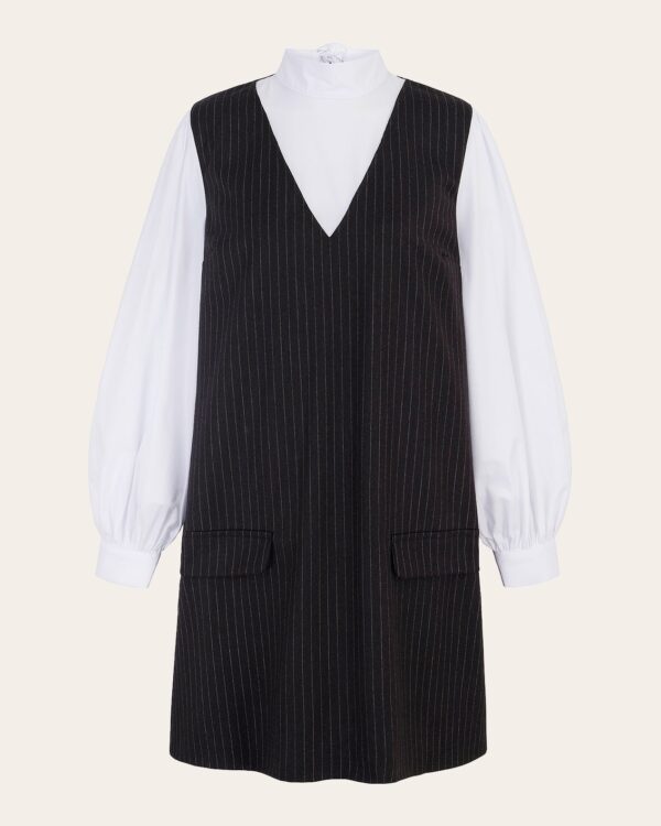 byRoo Women's Emmeline Pinstripe Pinafore Dress in Grey Pinstripe Wool/Cotton/Polyester