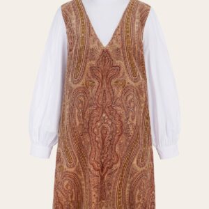 byRoo Women's Florence Corded Pinafore Dress in Peach Paisley Cotton/Velvet/Polyester