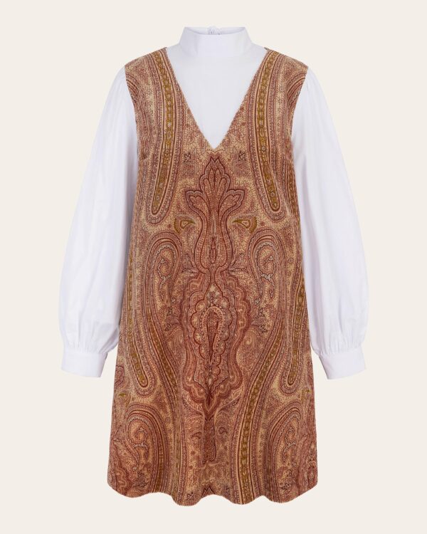 byRoo Women's Florence Corded Pinafore Dress in Peach Paisley Cotton/Velvet/Polyester