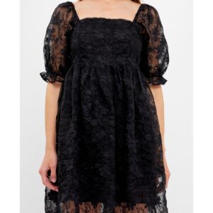 endless rose Women's Floral Embroidery Babydoll Dress - Black