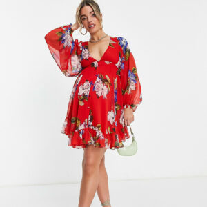 ASOS DESIGN Maternity button detail mini dress with blouson sleeve in red floral-Multi