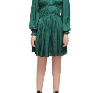 maje Rianna Smock Waist Long Sleeve Satin Dress in Dark Green at Nordstrom, Size 2