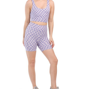 Wave Check Print Sports Bra And Shorts Set