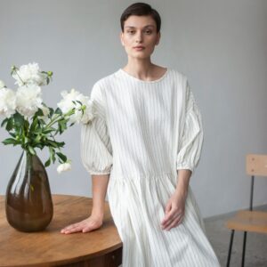 striped Loose Fit Smock Dress From Organic Cotton, Long Tiered With Long Puff Sleeves, Oversize Relaxed in Boxy