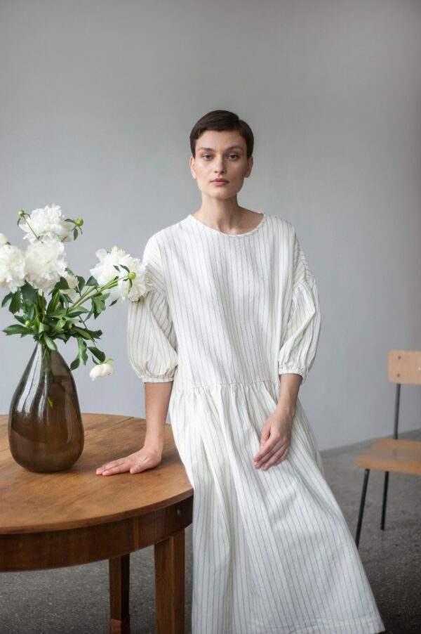 striped Loose Fit Smock Dress From Organic Cotton, Long Tiered With Long Puff Sleeves, Oversize Relaxed in Boxy