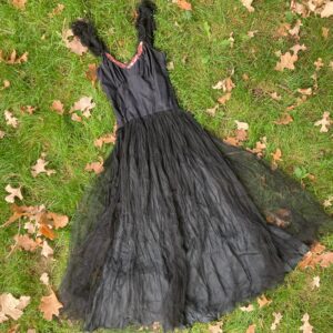 xs 40S Black Taffeta Gown With Tulle Skirt & Sequins Witchy Dress Sweatheart Neckline 1940S 50S 1950S