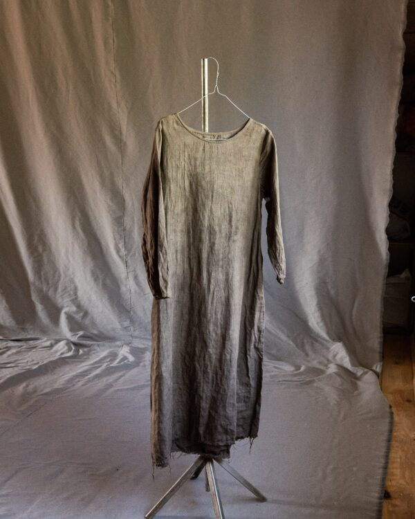 xs-S Size | Warm Grey Linen Dress Wind With Raw Hem. Naturally Dyed Flax Smock Avant Garde Vintage Tunic Plant Dye