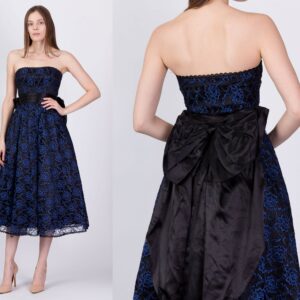 xs Vintage Gunne Sax Strapless Lace & Satin Party Dress | 80S Black Blue Fit Flare Midi Prom Formal Gown