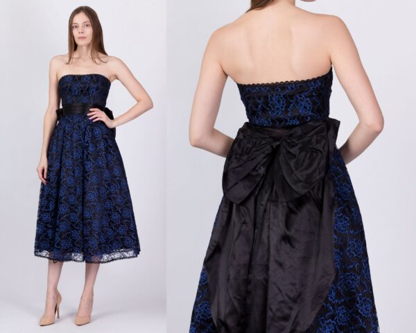 xs Vintage Gunne Sax Strapless Lace & Satin Party Dress | 80S Black Blue Fit Flare Midi Prom Formal Gown