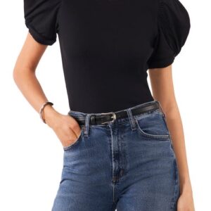 1.STATE Puff Sleeve Rib Knit T-Shirt in Rich Black at Nordstrom, Size Medium