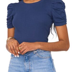 1.STATE Puff Sleeve Rib T-Shirt in Tidal Navy at Nordstrom, Size Xx-Small