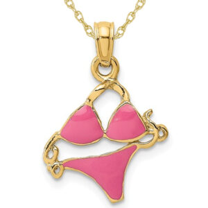 14K Yellow Gold Pink Enameled Bikini Bathing Suit Charm Pendant Necklace with Chain