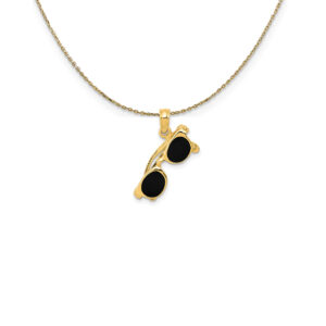 14k Yellow Gold 3D Black Enameled Moveable Sunglasses Necklace - 16 In