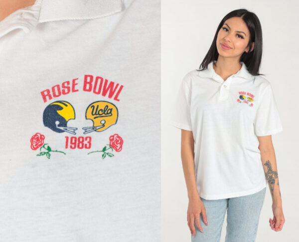 1984 Rose Bowl Shirt 80S Ucla White Polo Football Los Angeles Short Sleeve Button Up Collared T-Shirt Single Stitch Vintage 1980S Medium M