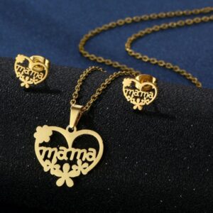 2pcs Mother's Day Gift Hollow Out Heart Flower Letter Mama Pendant Necklace & Earrings Jewelry Set