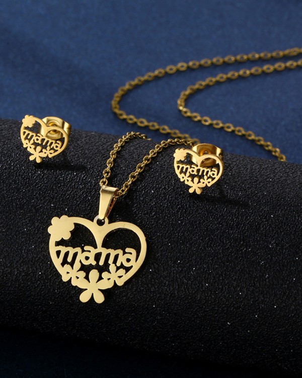 2pcs Mother's Day Gift Hollow Out Heart Flower Letter Mama Pendant Necklace & Earrings Jewelry Set