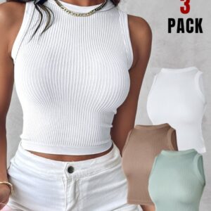 3-Pack Crew Neck Seamless Rib-Knit Crop Tank Top