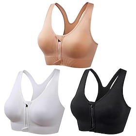 3 Pack Women's High Support Sports Bra Running Bra Seamless Zip Front Racerback Bra Top Padded Yoga Fitness Gym Workout Breathable Shockproof Quick Dry Khaki B