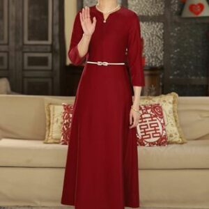 3/4-Sleeve Notch Neck Plain Midi A-Line Evening Dress