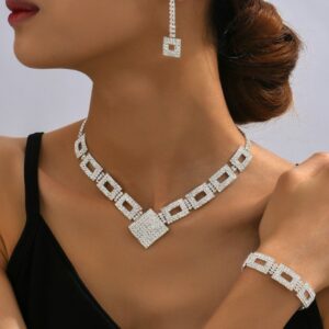 3PCS Allover Rhinestone Hollow Out Square Pendant Necklace & Drop Earrings & Bracelet Evening Party Wedding Jewelry Set