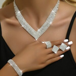 4PCS Rhinestone Pendant Necklace & Stud Earrings & Ring & Bracelet Wedding Jewelry Set