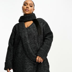 4th & Reckless Plus exclusive knitted jumper with scarf co-ord in black