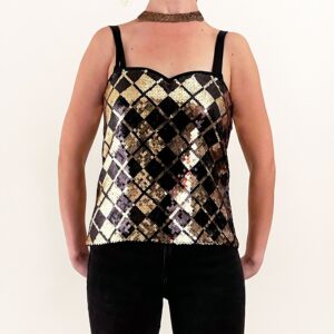 80S Black & Gold Sequin Bustier Top | Constance Saunders For Richard Warren Argyle Strappy M/L