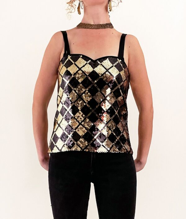 80S Black & Gold Sequin Bustier Top | Constance Saunders For Richard Warren Argyle Strappy M/L