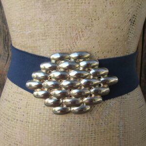 80S Navy Blue Wide Waist Belt | Stretch Cinch Large Gold Tone Metal Buckle Elastic 30 To 36