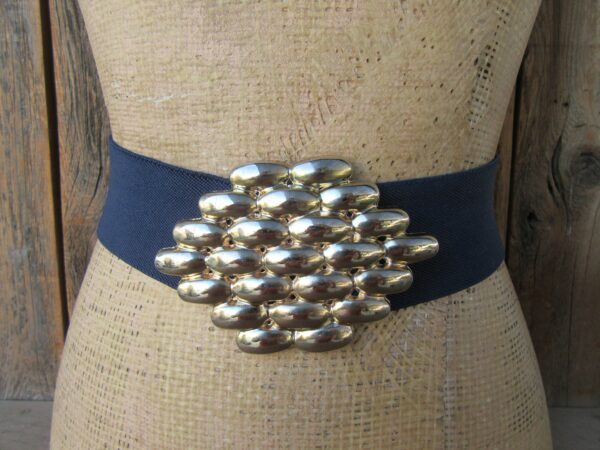 80S Navy Blue Wide Waist Belt | Stretch Cinch Large Gold Tone Metal Buckle Elastic 30 To 36