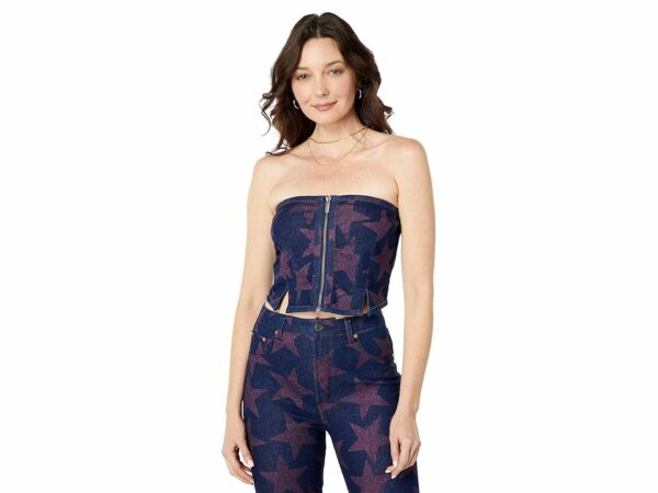 AFRM Braxton Metallic Print Crop Zip Bustier (Dark Rinse Wash) Women's Clothing