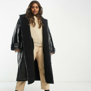 ASOS DESIGN Curve oversized bonded borg and vinyl trench coat in black