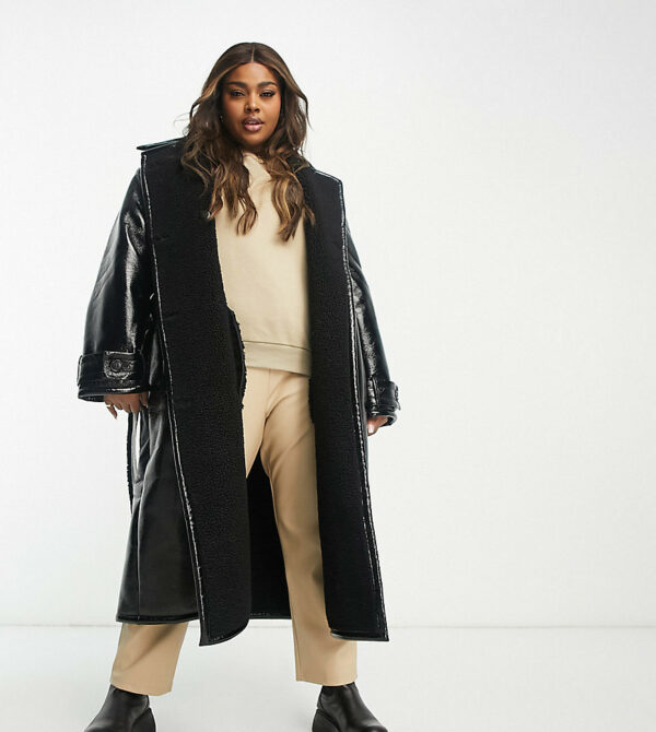 ASOS DESIGN Curve oversized bonded borg and vinyl trench coat in black