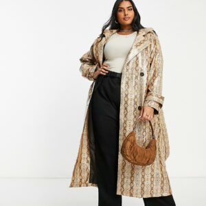 ASOS DESIGN Curve snake print trench coat in tan-Neutral