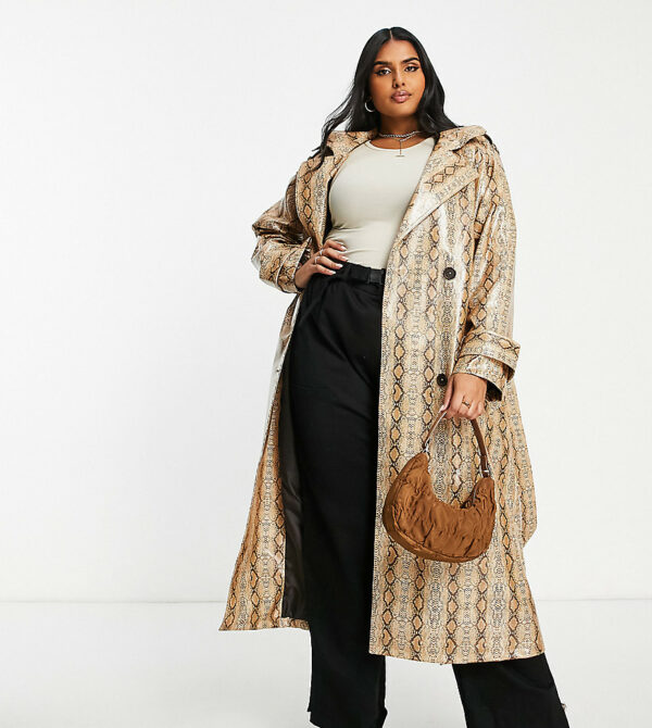 ASOS DESIGN Curve snake print trench coat in tan-Neutral