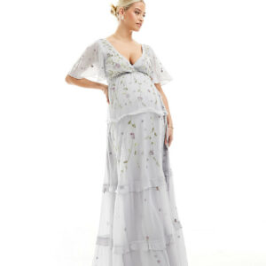 ASOS DESIGN Maternity Bridesmaid flutter sleeve embellished wrap maxi dress with embroidery in light blue