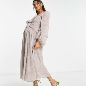 ASOS DESIGN Maternity pleat detail midi dress in jacquard satin spot with tie detail in lilac-Purple