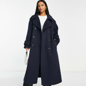 ASOS DESIGN Petite oversized brushed formal trench wool mix coat in navy