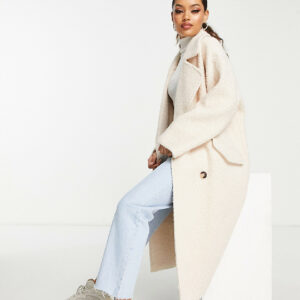 ASOS DESIGN Petite smart double breasted boucle wool mix coat in cream-White