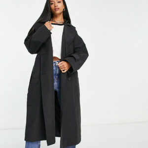 ASOS DESIGN Petite trench coat with faux leather hood in black-Brown