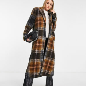 ASOS DESIGN Tall dad wool mix coat in brushed check in brown