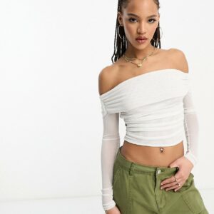 ASOS DESIGN mesh panelled off shoulder bardot top in white