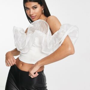 ASOS DESIGN organza ruffle bardot top in white