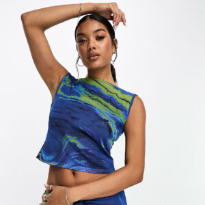 ASOS DESIGN printed mesh slash neck open back top co ord in blue