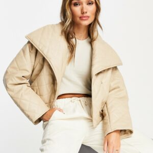 ASOS DESIGN waterfall quilted faux leather jacket in camel-Brown