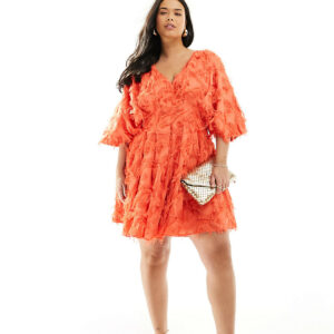 ASOS EDITION Curve textured cinched pleat waist mini dress in coral-Black